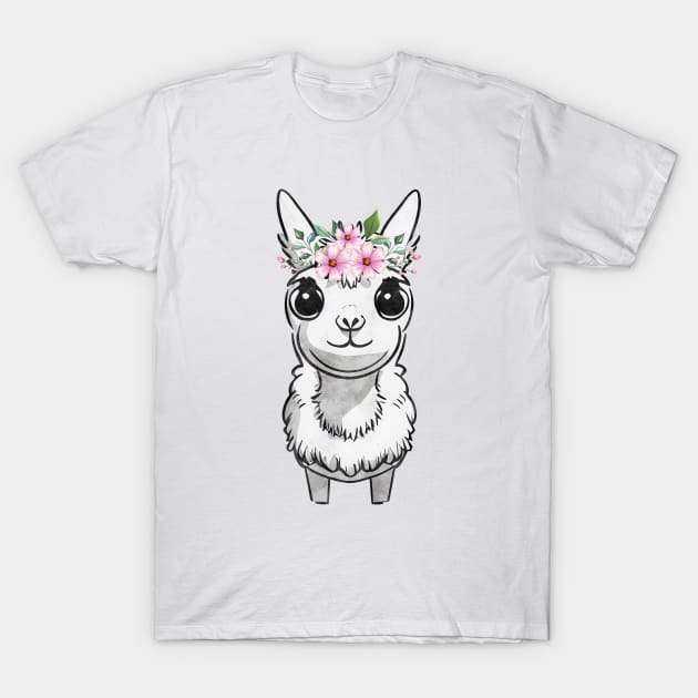 Floral Crown Llama Pink Flowers T-Shirt by Magnificent Butterfly